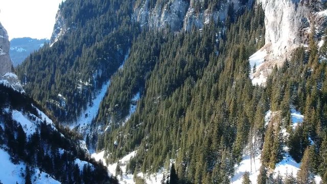 Aerial drone shot through  spectacular  canyon of limestone shale conglomerate rocks  , winter landscape in the Zanoaga Gorge , Bucegi Natural Park , Carpathian Mountains, Romania