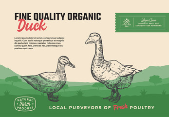 Fine Quality Organic Poultry. Abstract Vector Meat Packaging Design or Label. Modern Typography and Hand Drawn Duck with Goose Silhouettes. Rural Pasture Landscape Background Layout with Banner © createvil