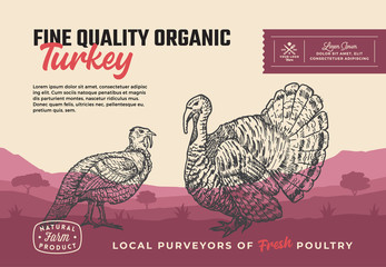 Fototapeta na wymiar Fine Quality Organic Poultry. Abstract Vector Meat Packaging Design or Label. Modern Typography and Hand Drawn Turkey Silhouettes. Rural Pasture Landscape Background Layout with Banner