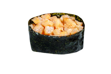 close up of sashimi sushi roll isolated on white background