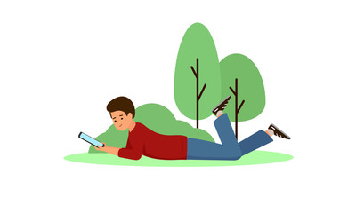 The guy lies in the Park and holds a tablet, a smartphone. Man resting in nature, lying and reading an e-book.