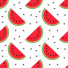 Fotobehang Watermeloen Watermeloenplakken en zaden naadloos patroon.