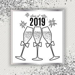 Grad greeting card 2019 class of with three glasses of champagne, hat and fireworks for invitation, banner, poster, postcard. Silver graduation template on stripe background. All isolated and layered