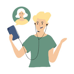 Man making video call using smartphone vector illustration