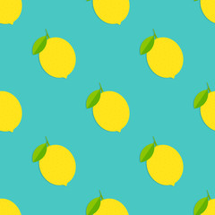 Lemons on blue background seamless pattern.
