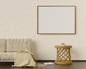 Mock up with a poster frame, sofa, wooden table and books. 3D rendering.