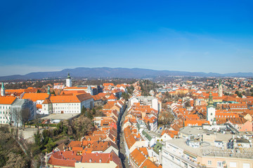 Obraz premium Aerial view of historic upper town in Zagreb, capital of Croatia and Medvednica mountain in background