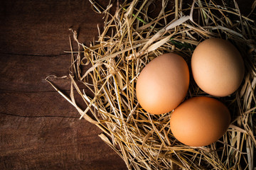 Fresh brown eggs in a nest was placed on a wooden table. Have copyspace to enter text. Useful for health and easy to find according to the supermarket.