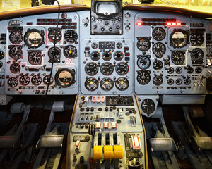 Control panel in a plane cockpit. Travel concept
