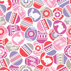 Seamless pattern with Easter eggs, flowers, leafs and rabbits over white background. Pink Easter repeatable design. Can be used for fabric, wallpaper, pattern, web background, scrap booking