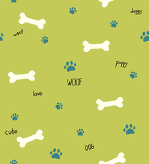 Seamless green pattern with dog theme words, bones and paws, for wrapping gift paper, textile, fabric print and card design