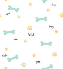 Seamless pattern with dog themed words, bones and paws on white background