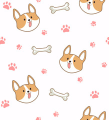 Seamless pattern with cute corgi dog heads, bones and footprints