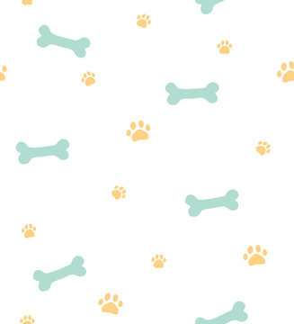 Seamless dog theme pattern with bones and paws on white background