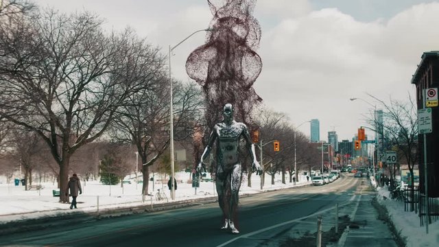 4K Sci-fi Concept depicting a giant particle emitting cyborg walking down a street. Live action CGI.