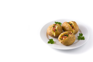 Stuffed potatoes with bacon and cheese on plate isolated on white background. Copyspace