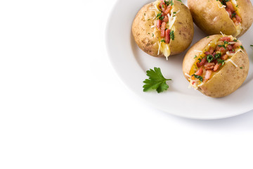 Stuffed potatoes with bacon and cheese on plate isolated on white background. Copyspace