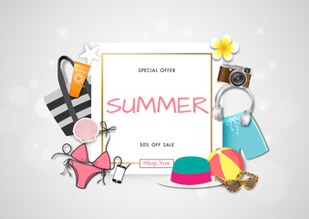 Summer sale background with paper art of summer accessories, vector illustration template, banners, Wallpaper, invitation, posters, brochure, voucher discount.