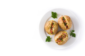 Stuffed potatoes with bacon and cheese on plate isolated on white background. Top view. Copyspace