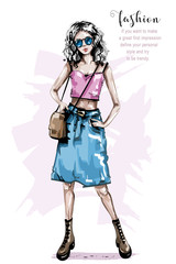 Hand drawn beautiful young woman with bag. Stylish girl in jeans skirt. Fashion woman look. Sketch.