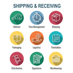 Shipping and Receiving Icon Set with Boxes, Warehouse, checklist, etc