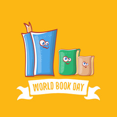 World book day greeting card with cartoon smiling book character isolated on orange background. Vector Book day label or logo