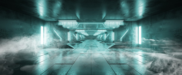 Smoke Ice Blue Futuristic Triangle Alien Spaceship Neon Glowing Dark Long Big Hall Corridor Tunnel Grunge Concrete Reflective Tiled Floor Gates Empty Space 3D Rendering