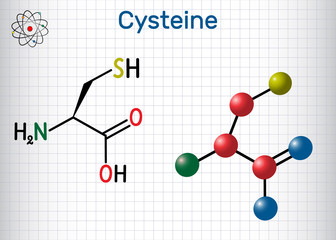 Cysteine  (L-cysteine, Cys, C) proteinogenic amino acid molecule.  Sheet of paper in a cage.