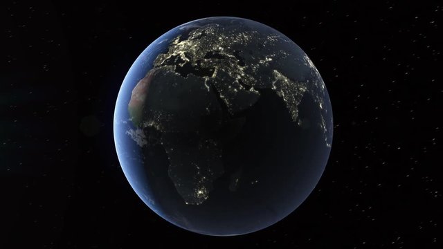 Realistic 3d animated earth showing the borders of the country North Korea and the capital Pyongyang in 4K resolution at night