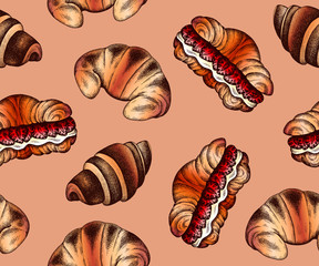 Illustration of hand drawn pattern with sketch croissants. Croissant with filling , strawberry, cream. Wallpaper, background for dessert menu, bakery, cafe, pastry shop, restaurant. Sweet tasty food.
