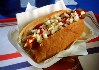 Un perrito caliente con un panecillo, una salchicha Frankfurt, cebolla y ketshup.