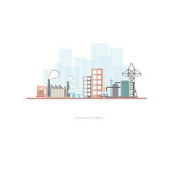 environmental eco plants set with factories and stations which using alternative energy sources solar panel wind turbine cityscape copy space vector illustration