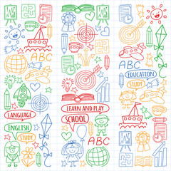 Vector set of english language, children's drawingicons icons in doodle style. Painted, colorful, pictures on a sheet of checkered paper on a white background.