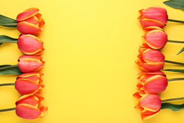 Bouquet of tulips on yellow background
