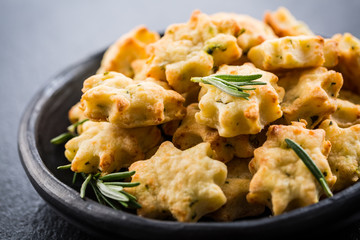 Delicious homemade cookies with parmesan cheese and rosemary