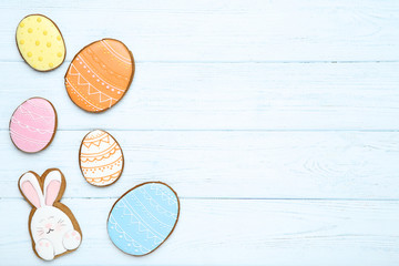 Easter gingerbread cookies on wooden table