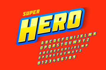 Comics style font, super hero, upper and lowercase alphabet letters and numbers