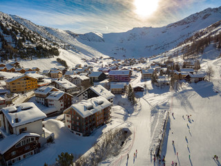 Adorable Ski Village in Malbun, Liechtenstein Near Switzerland, Swiss Central Alps - Aerial View - obrazy, fototapety, plakaty