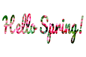 Colorful words Hello Spring written on white. Letters are cut from the background of blooming bushes. Spring and new season concept.