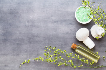 Spa treatment concept, flat lay composition with natural cosmetic products and massage brush, view from above, blank space for a text.