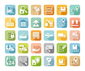 Shipping, flat icons, colored, vector. Cargo transportation and delivery of goods. White flat icons on colored background with shadow. Vector clip art.  