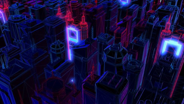 Geometric laser cityscape. Seamless neon retro futuristic animation with shallow depth of field.