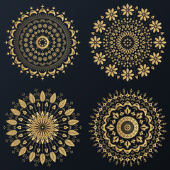 Set of Ethnic golden flower ornamental wreath. Vector boho lifestyle illustration.