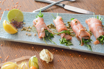 dinner, food, meal, leaf, health, cuisine, gastronomy, orange, walnut, juicy, meat, fresh, fish, healthy, nutrition, light, salmon, lime, rocket, rolled, vegetable, fruit, cucumber, salad, savory, nut