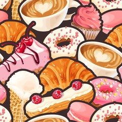 Vector seamless pattern with coffee and donuts