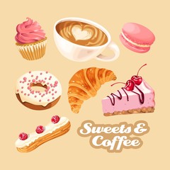 Vector set of coffee and different sweets