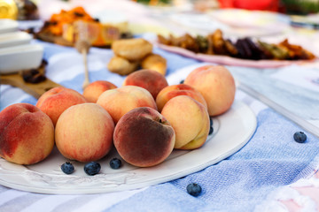 fresh peach plate at outdoor picnic background