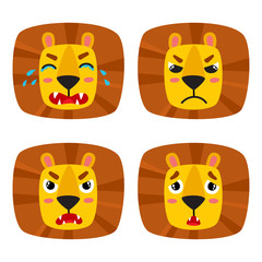 Cute cartoon set of lion face expression isolated on white