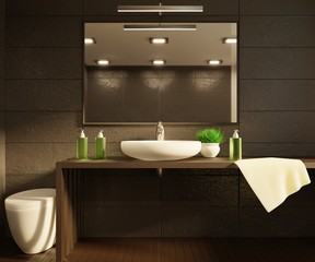 Cozy bathroom interior with a mirrow. 3D rendering.