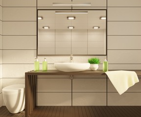 Bathroom with a mirror and sink. 3D rendering.